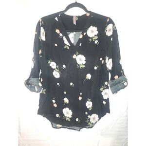 Brina&Em Women's Allover Floral Sheer 100% Rayon V-Neck 3/4 Sleeve Shirt Black M